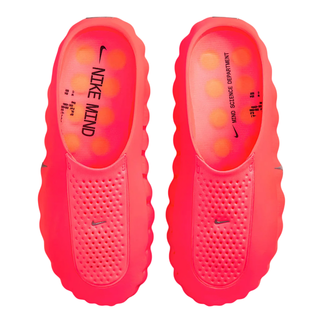 HypeSelection Nike Mind 001 Slide in vibrant Solar Red, made of one-piece foam with perforated details and a contoured footbed.