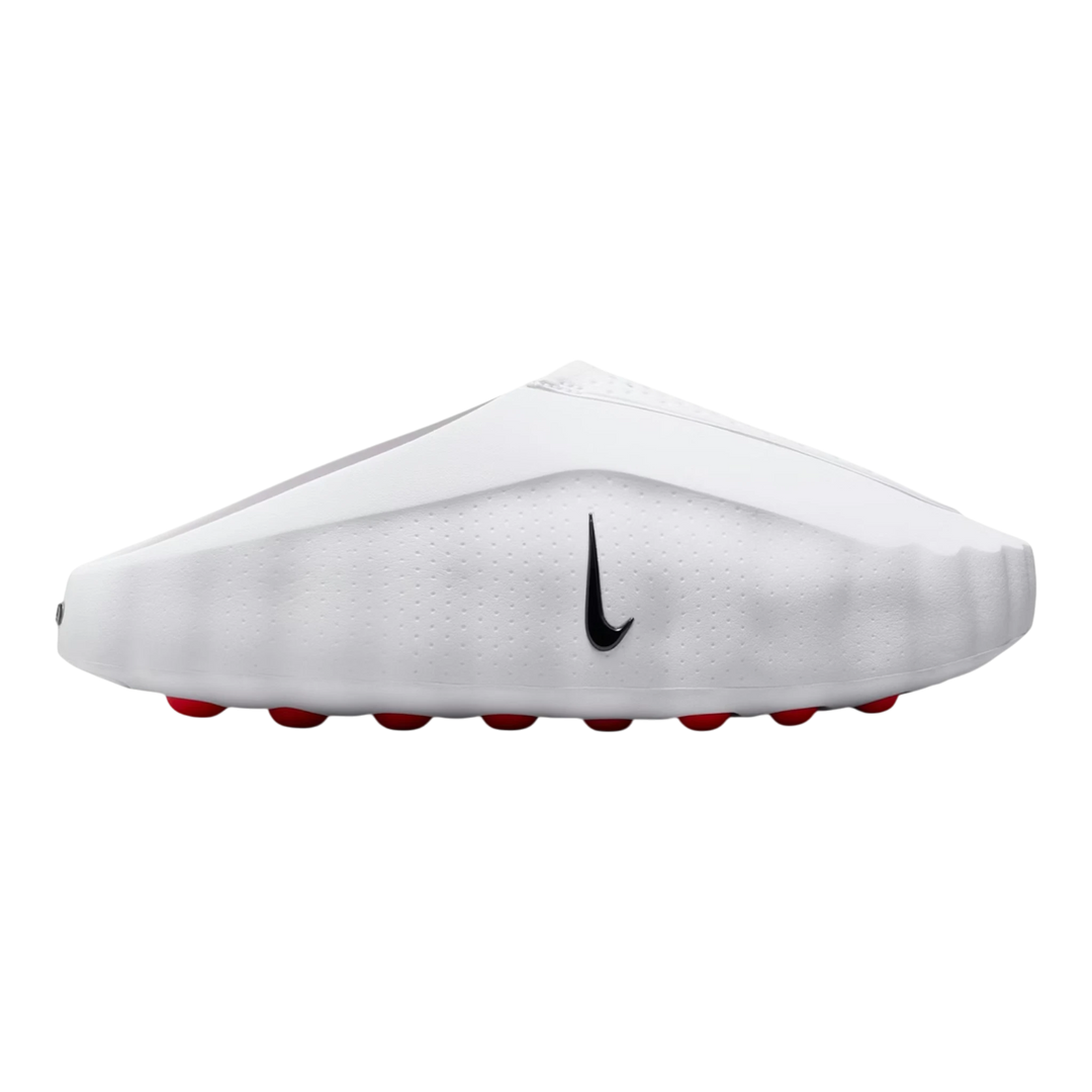 HypeSelection Nike Mind 001 slide in white foam with red pressure nodes and black Swoosh detail. Slip-on design.