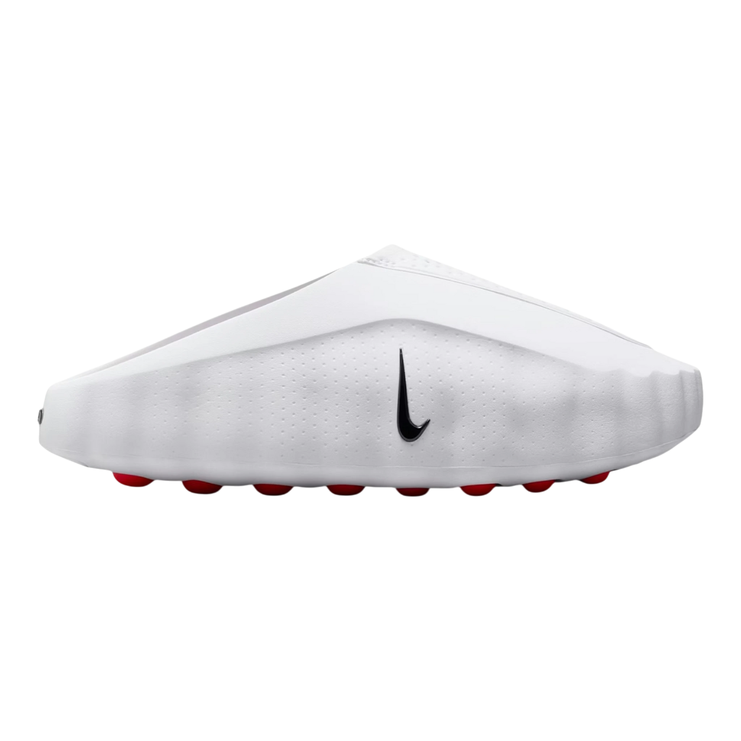 HypeSelection Nike Mind 001 slide in white foam with red pressure nodes and black Swoosh detail. Slip-on design.
