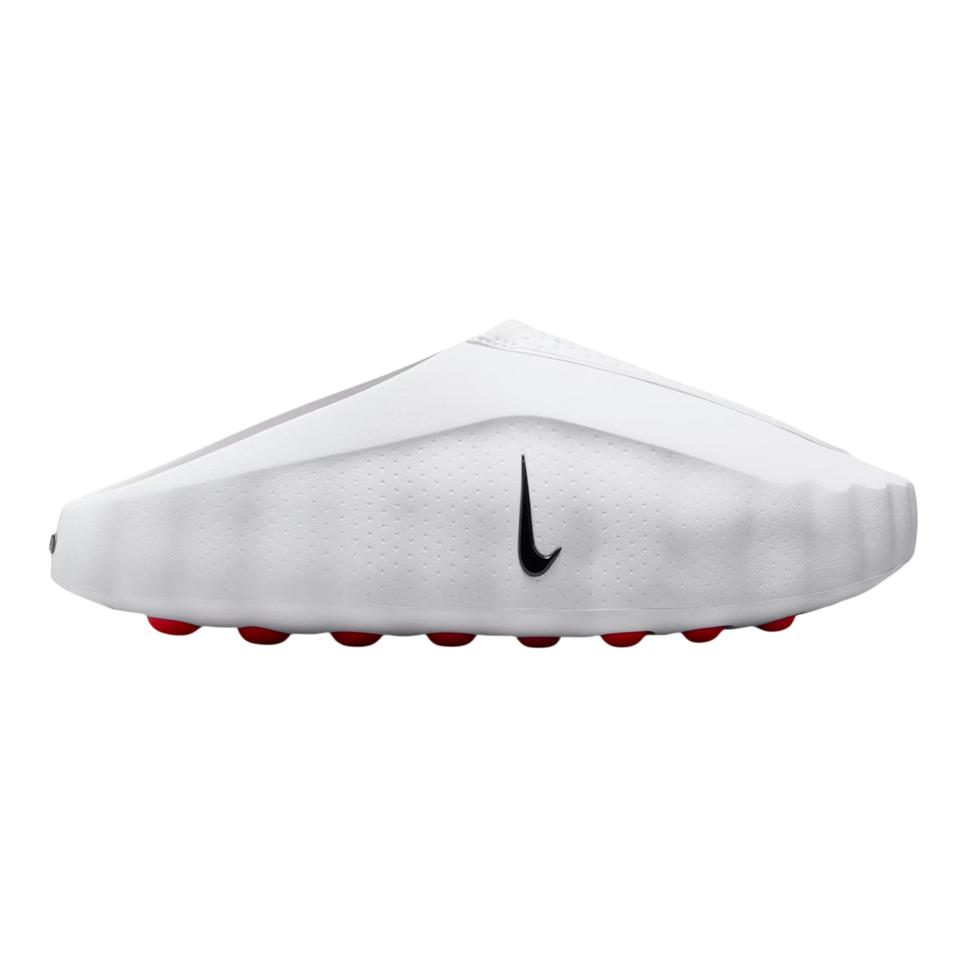 HypeSelection Nike Mind 001 slide in white foam with red pressure nodes and black Swoosh detail. Slip-on design.
