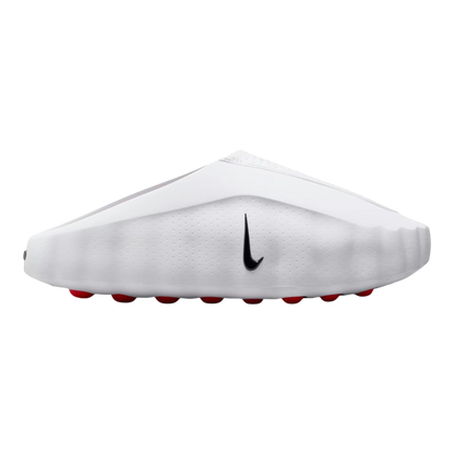HypeSelection Nike Mind 001 slide in white foam with red pressure nodes and black Swoosh detail. Slip-on design.