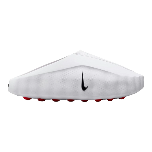 HypeSelection Nike Mind 001 slide in white foam with red pressure nodes and black Swoosh detail. Slip-on design.