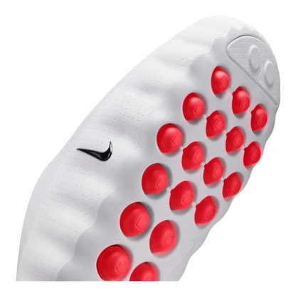 Nike Mind 001 slide in white with speed red pressure nodes and obsidian swoosh. Foam upper and sole.