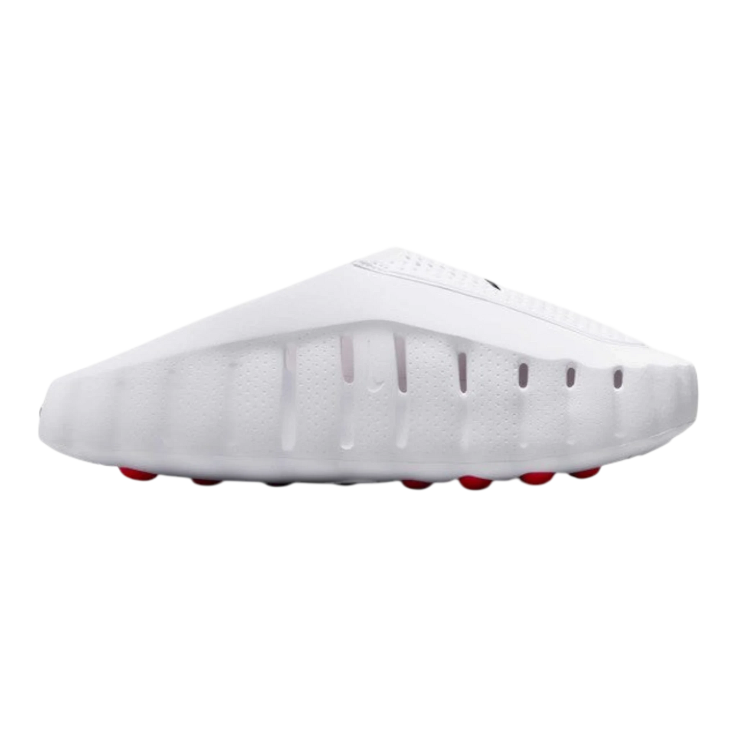 HypeSelection Nike Mind 001 white foam slide with speed red pressure nodes and obsidian mini Swooshes.