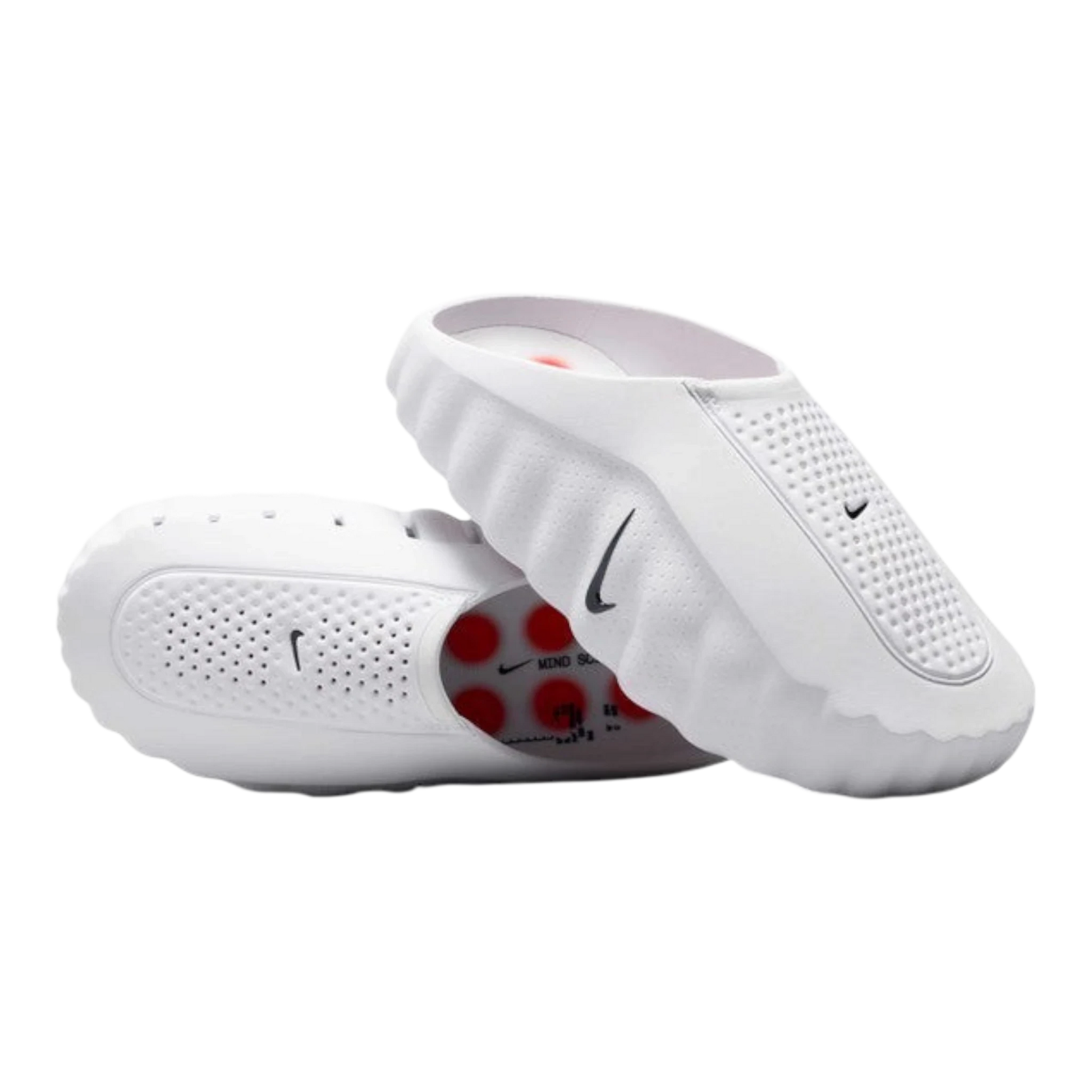 HypeSelection Nike Mind 001 white foam slides with Speed Red pressure nodes and Obsidian Swoosh detail.