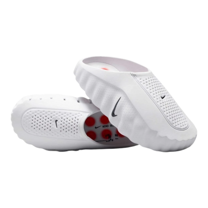 HypeSelection Nike Mind 001 white foam slides with Speed Red pressure nodes and Obsidian Swoosh detail.