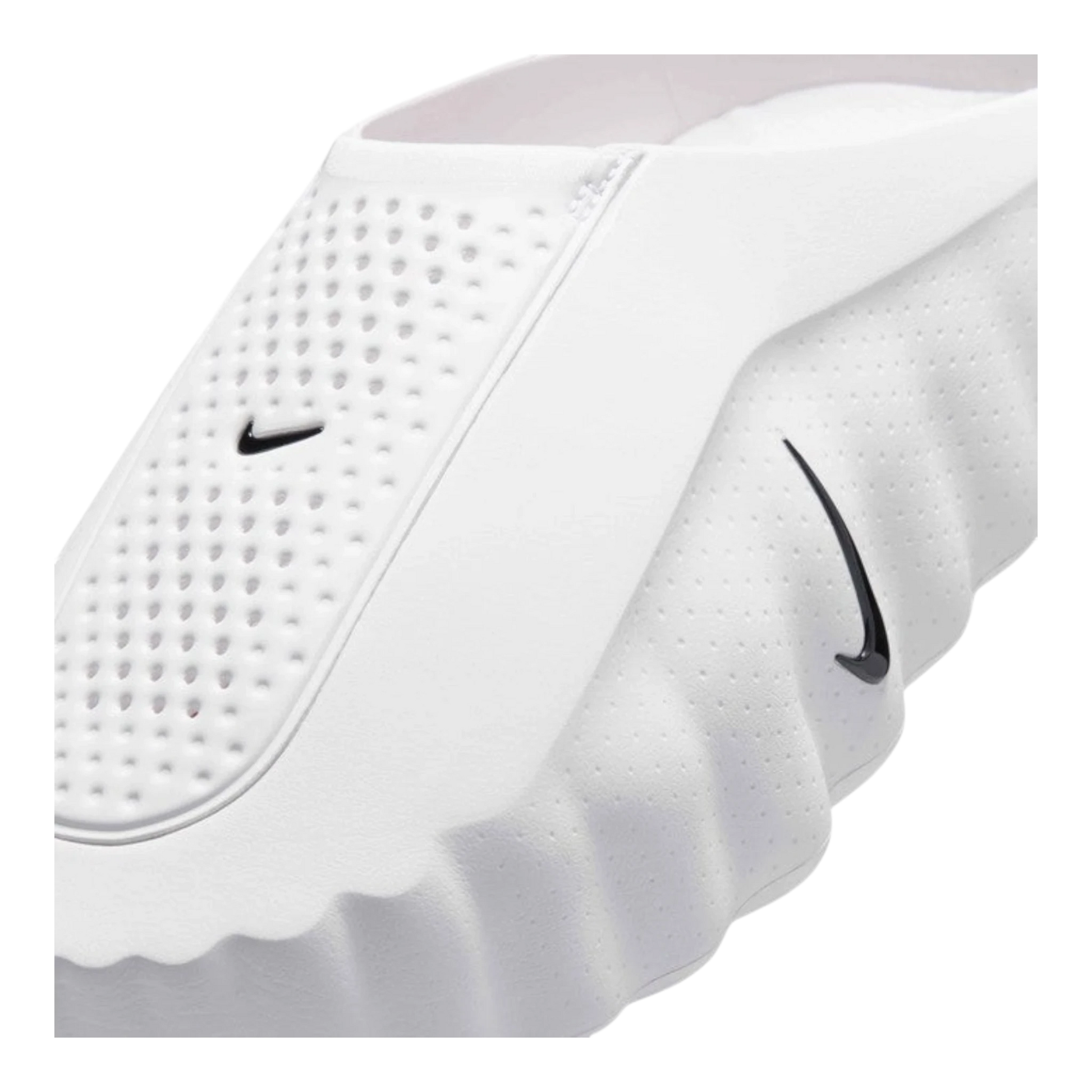 HypeSelection Nike Mind 001 white foam slide with perforated top panel, Obsidian Swoosh, and Speed Red nodes underfoot.