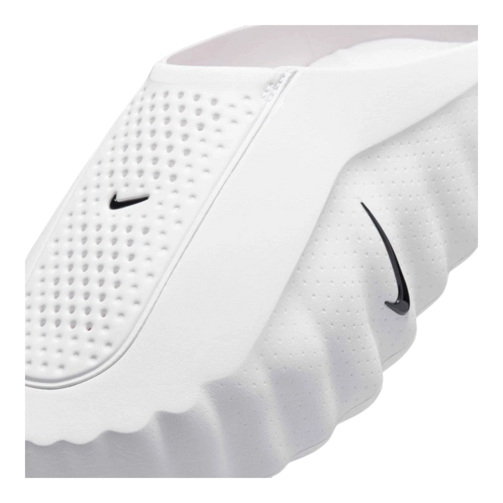 HypeSelection Nike Mind 001 white foam slide with perforated top panel, Obsidian Swoosh, and Speed Red nodes underfoot.