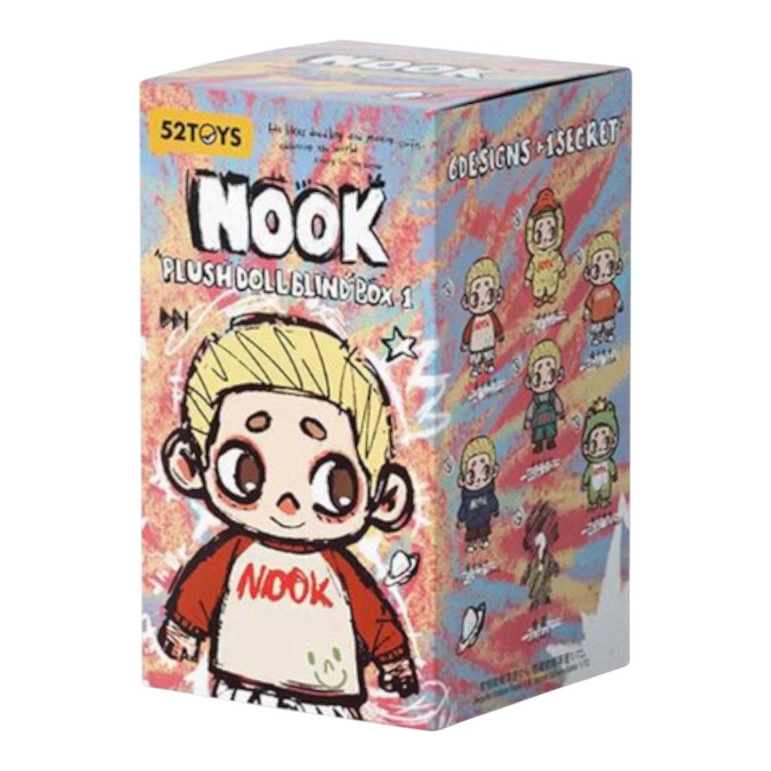 HypeSelection 52TOYS NOOK Plush Doll Blind Box Series 1 OOTD, featuring a cartoon character with blonde hair and a red and white shirt.