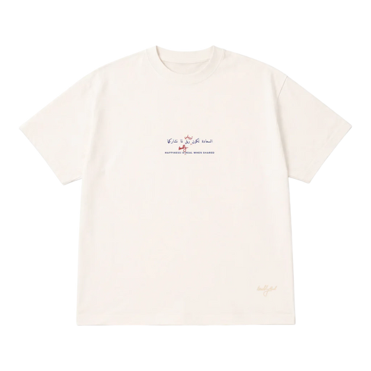 HypeSelection Off-White cotton t-shirt with Arabic script and 'Happiness is Real When Shared' text.