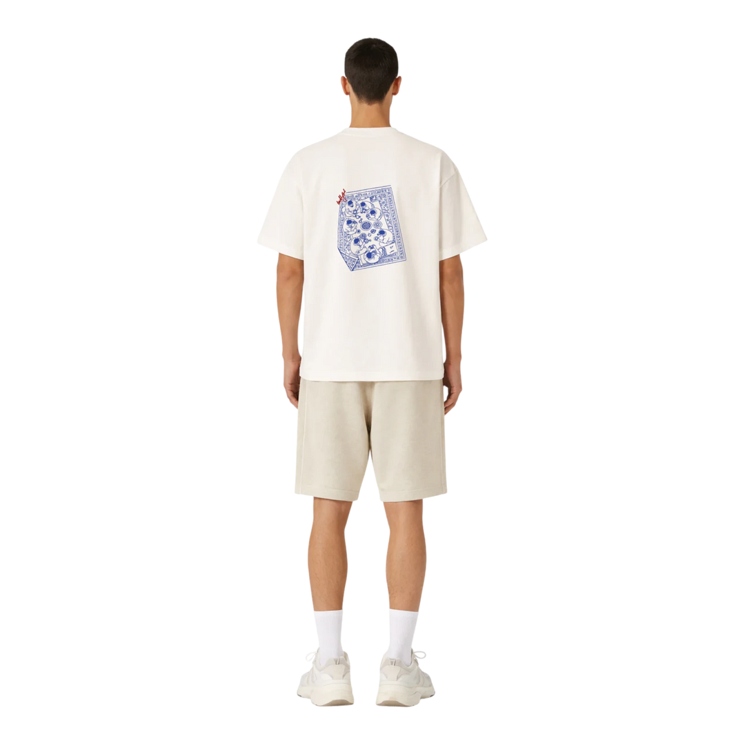 HypeSelection Off-White cotton t-shirt with a blue graphic print on the back depicting a card game.