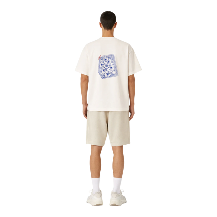 HypeSelection Off-White cotton t-shirt with a blue graphic print on the back depicting a card game.