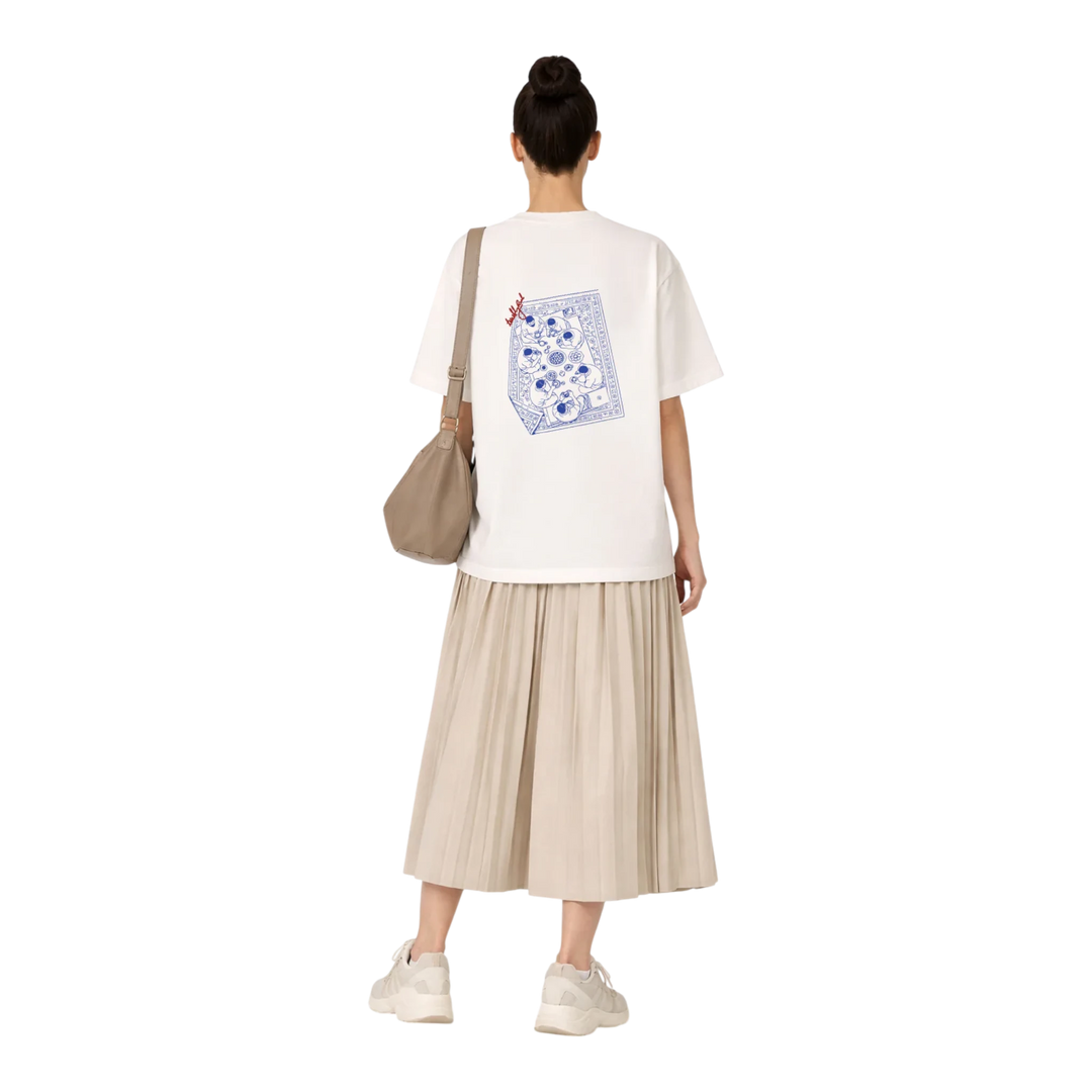 HypeSelection off-white cotton t-shirt with a blue graphic print on the back depicting people sharing a meal.