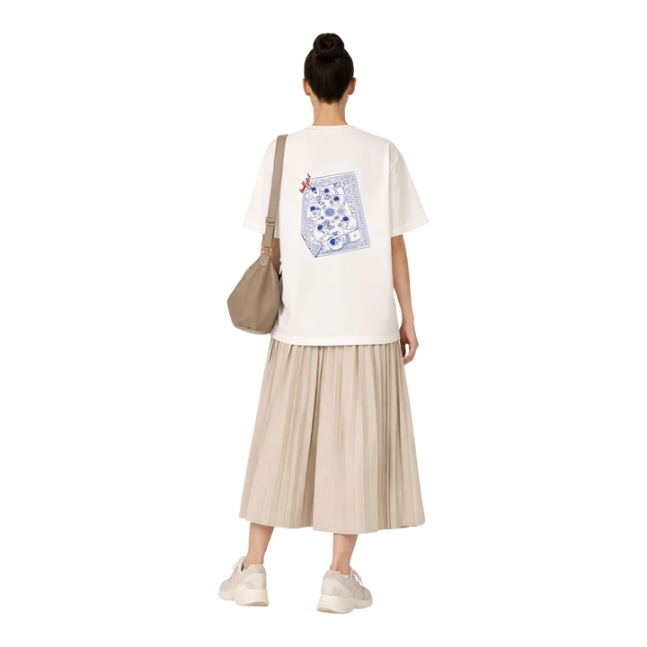 HypeSelection off-white cotton t-shirt with a blue graphic print on the back depicting people sharing a meal.