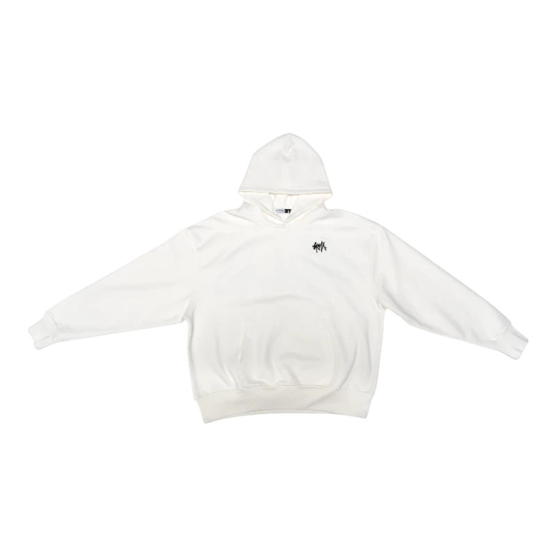 HypeSelection Off-White heavyweight cotton fleece hoodie with small black GRWLX logo on chest and front pocket.
