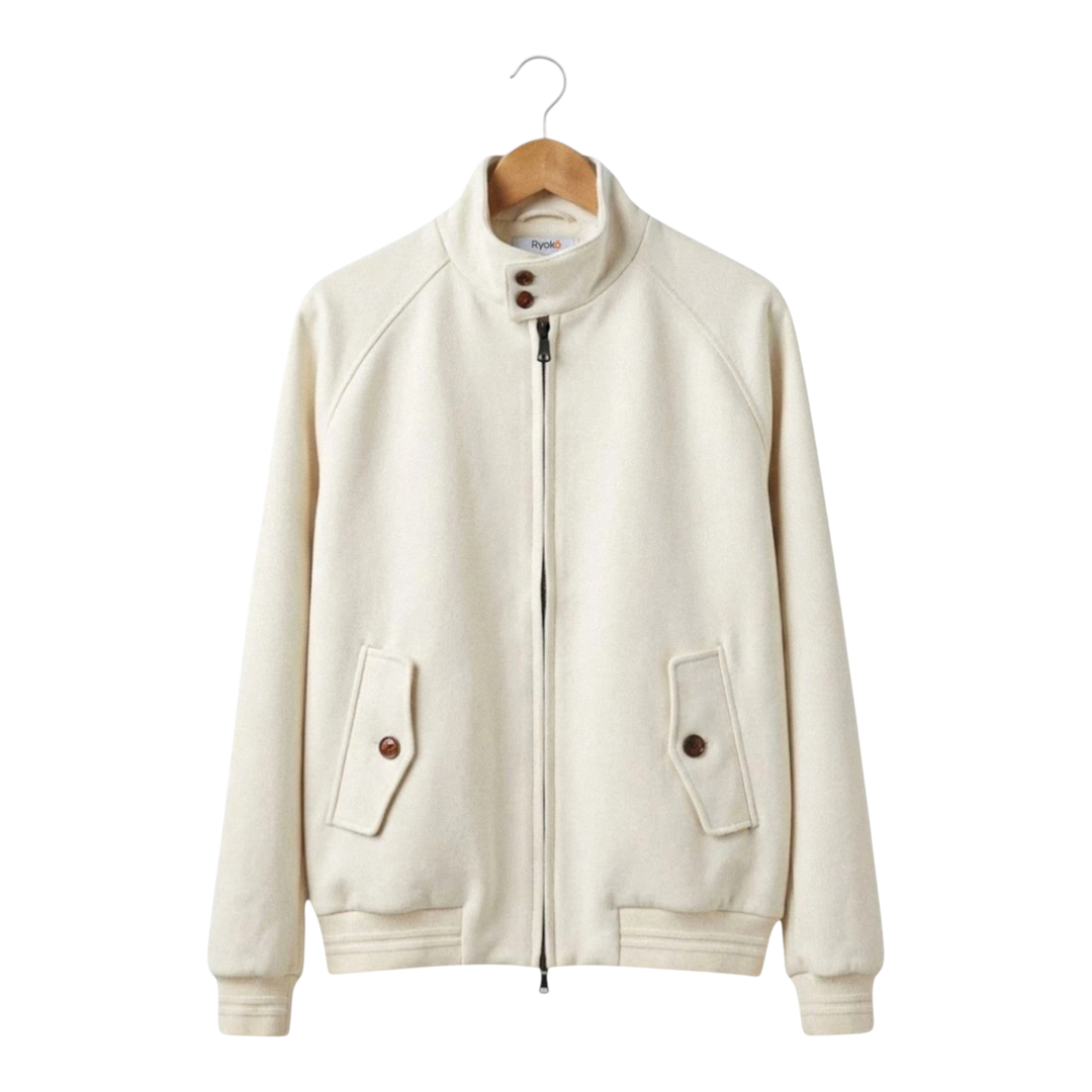 HypeSelection Off-White Ryoko cotton work jacket with a boxy, cropped fit, zip closure, and buttoned flap pockets.