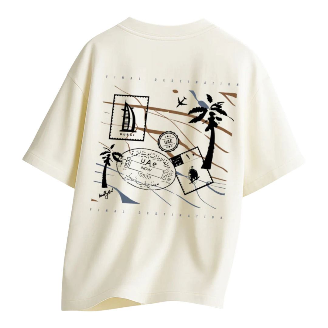 HypeSelection Off-White terry cotton oversized tee with UAE-themed stamps, palm trees, and Dubai skyline graphic.
