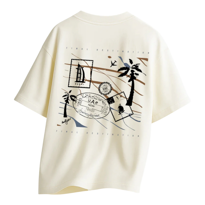 HypeSelection Off-White terry cotton oversized tee with UAE-themed stamps, palm trees, and Dubai skyline graphic.
