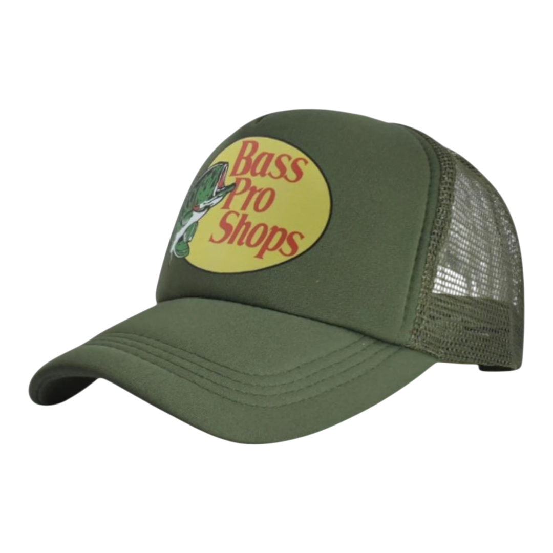 HypeSelection Bass Pro Shops olive green trucker cap with mesh back and iconic logo