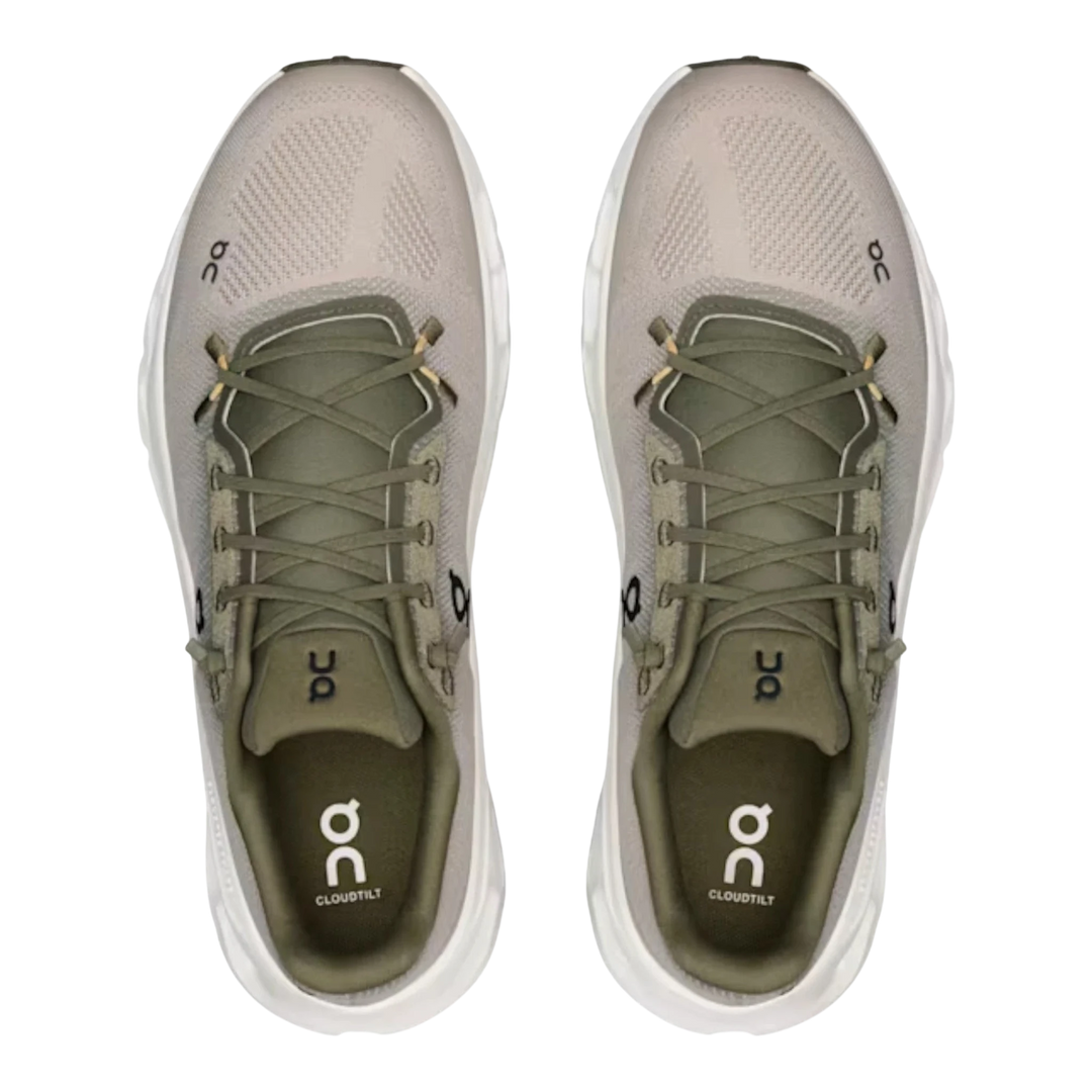 HypeSelection Cloudtilt Olive Desert running shoes with white soles and olive green laces.