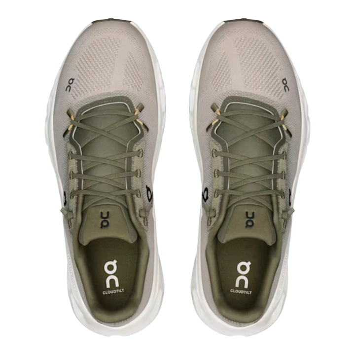 HypeSelection Cloudtilt Olive Desert running shoes with white soles and olive green laces.