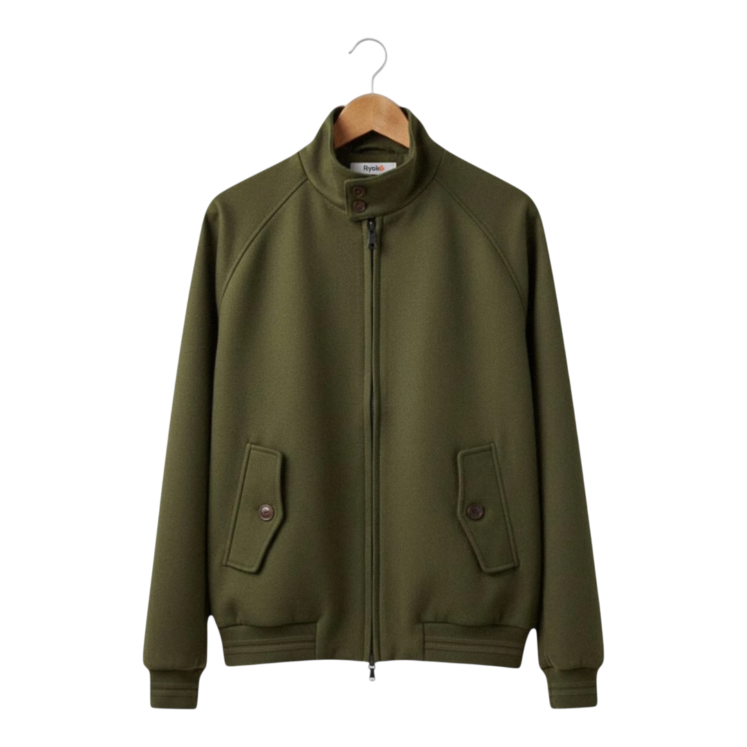 HypeSelection olive green Ryoko work jacket with zip closure, button pockets, and ribbed cuffs. Boxy, cropped fit.