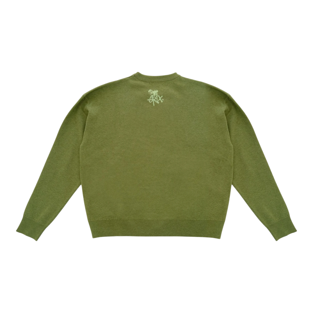 HypeSelection olive green knit sweater with a subtle starry pattern and Grawlixes logo on the back. Relaxed fit, ideal for streetwear.
