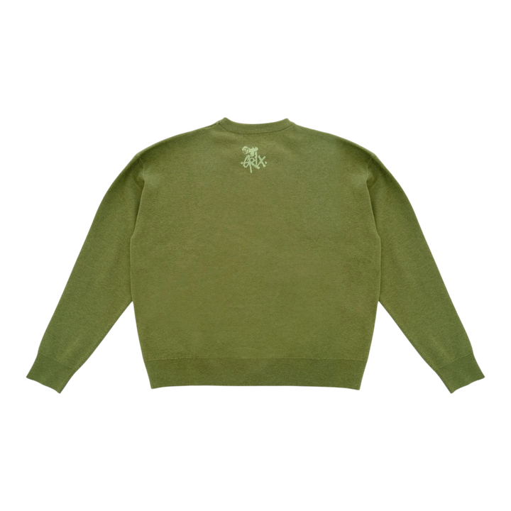 HypeSelection olive green knit sweater with a subtle starry pattern and Grawlixes logo on the back. Relaxed fit, ideal for streetwear.