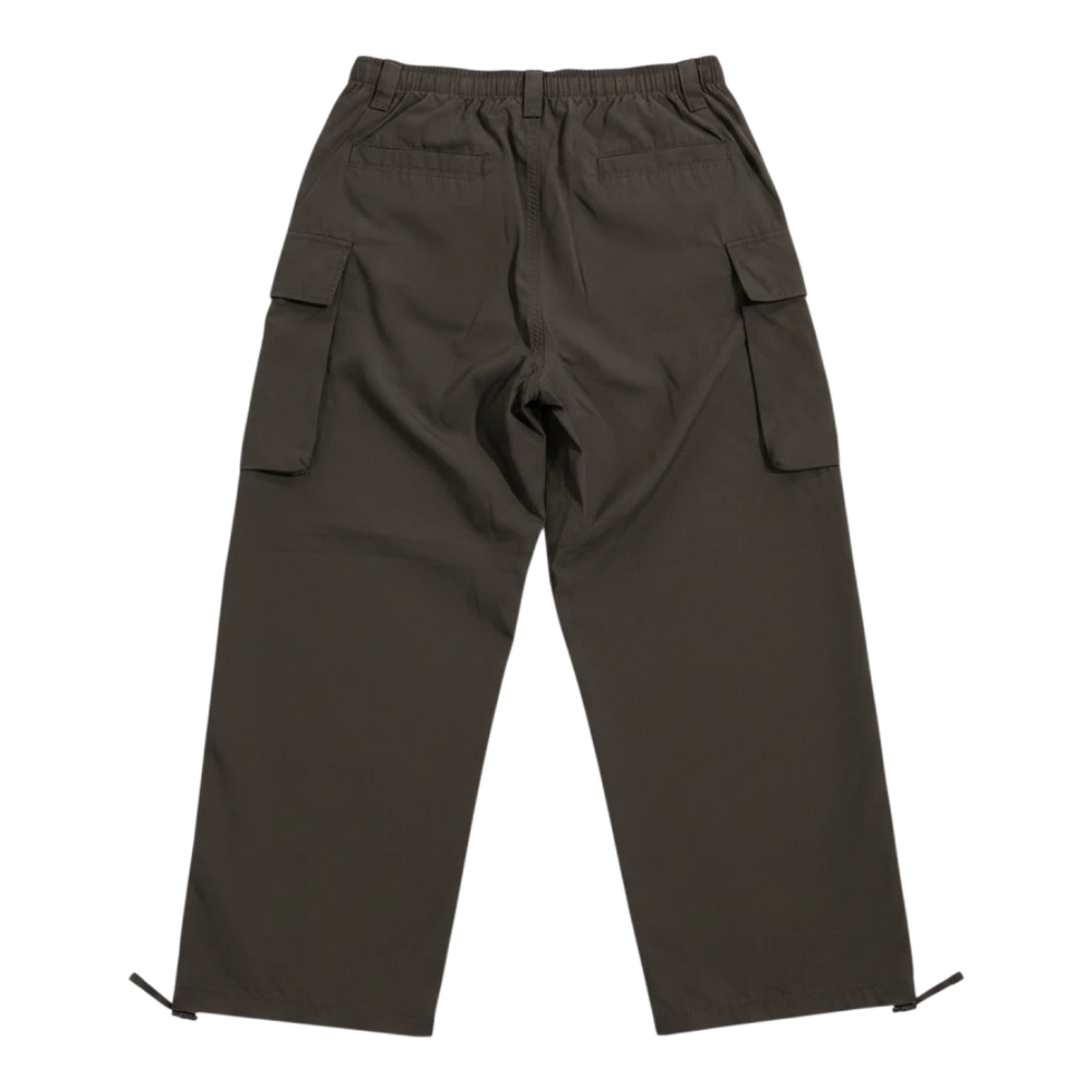 HypeSelection olive green wide fit cargo pants made from cotton-nylon blend with elastic waistband and adjustable hems.