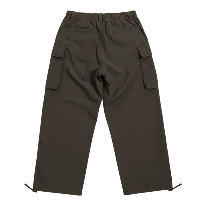 HypeSelection olive green wide fit cargo pants made from cotton-nylon blend with elastic waistband and adjustable hems.