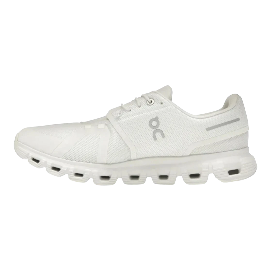 HypeSelection all white On Cloud 6 engineered mesh sneaker with signature CloudTec cushioning and Speedboard technology.