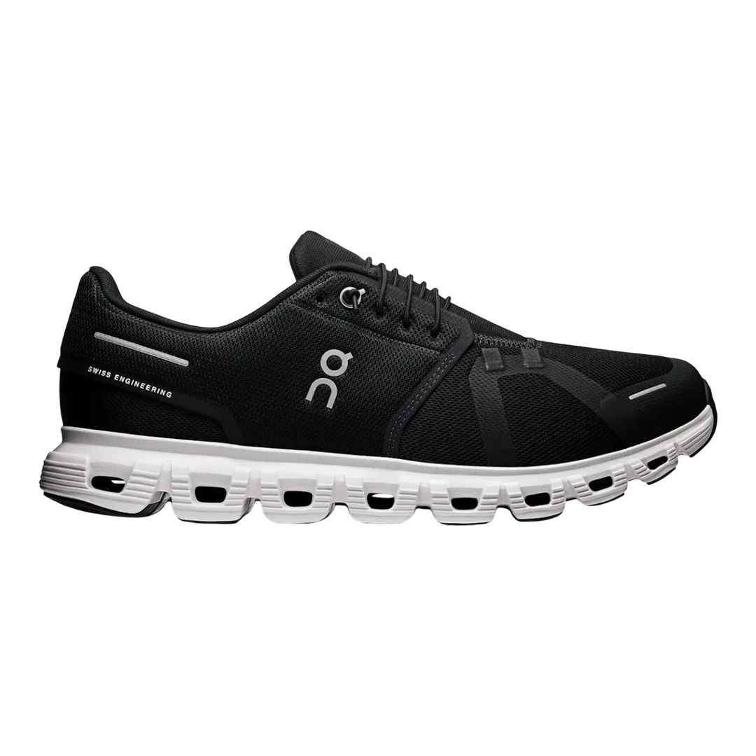 HypeSelection On Cloud 6 black and white breathable mesh running shoe with white CloudTec sole.