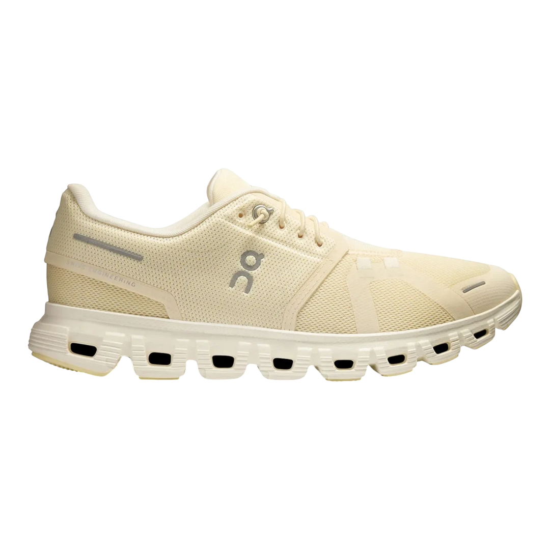 HypeSelection women's On Cloud 6 sneakers in neutral castor ivory with white sole and recycled polyester upper.