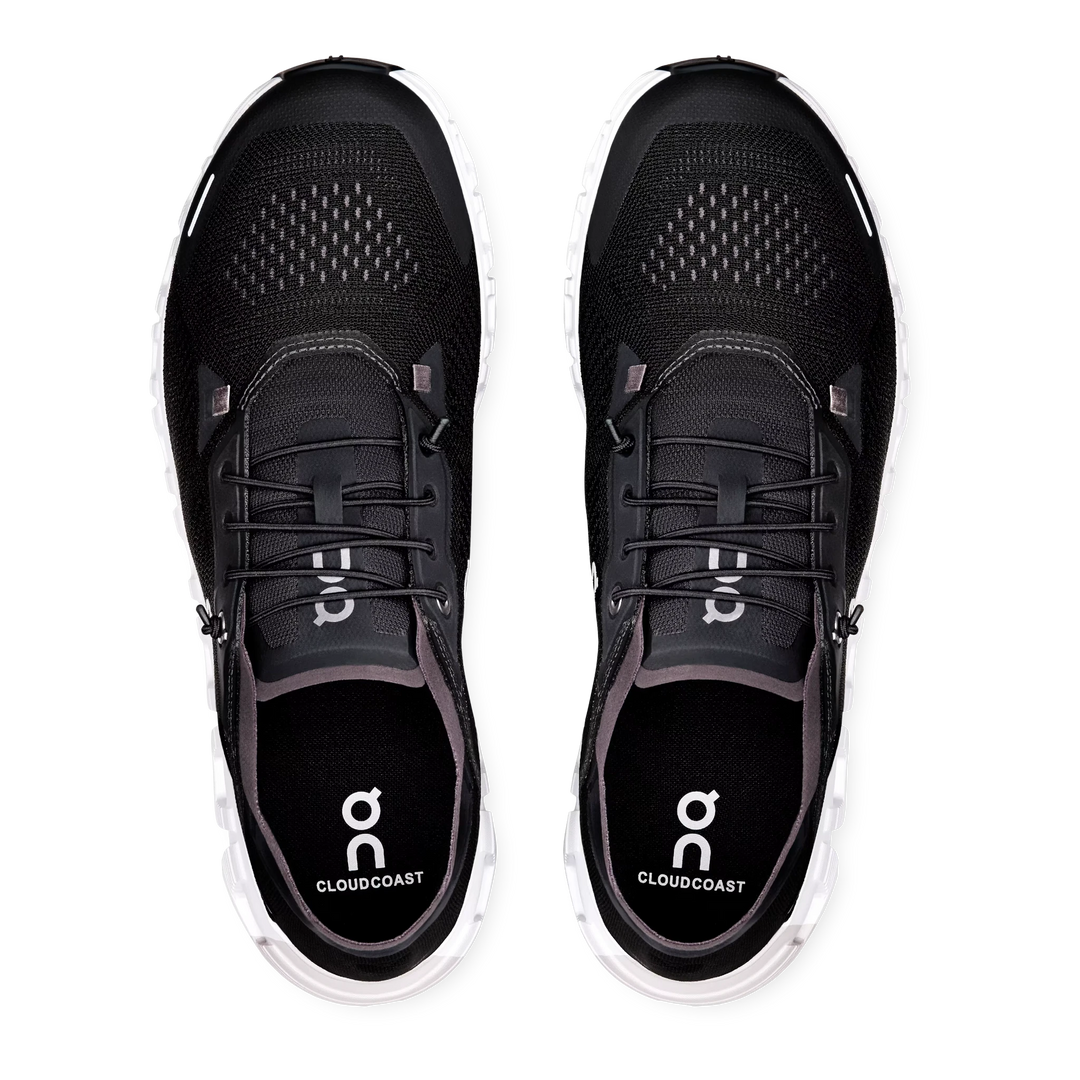 Top view of HypeSelection On Cloud 6 Coast sneakers in black and white with breathable mesh and cushioned heel.