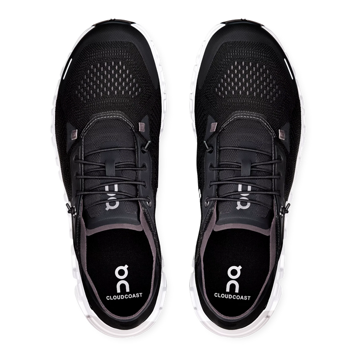 Top view of HypeSelection On Cloud 6 Coast sneakers in black and white with breathable mesh and cushioned heel.