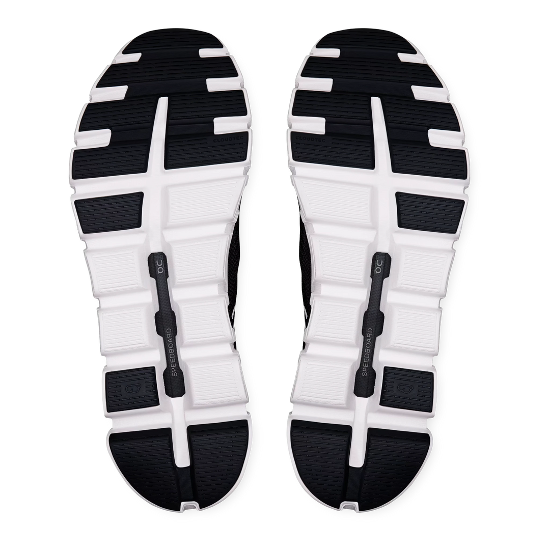 HypeSelection On Cloud 6 Coast sneaker outsoles in black and white, showing CloudTec foam and Speedboard technology.