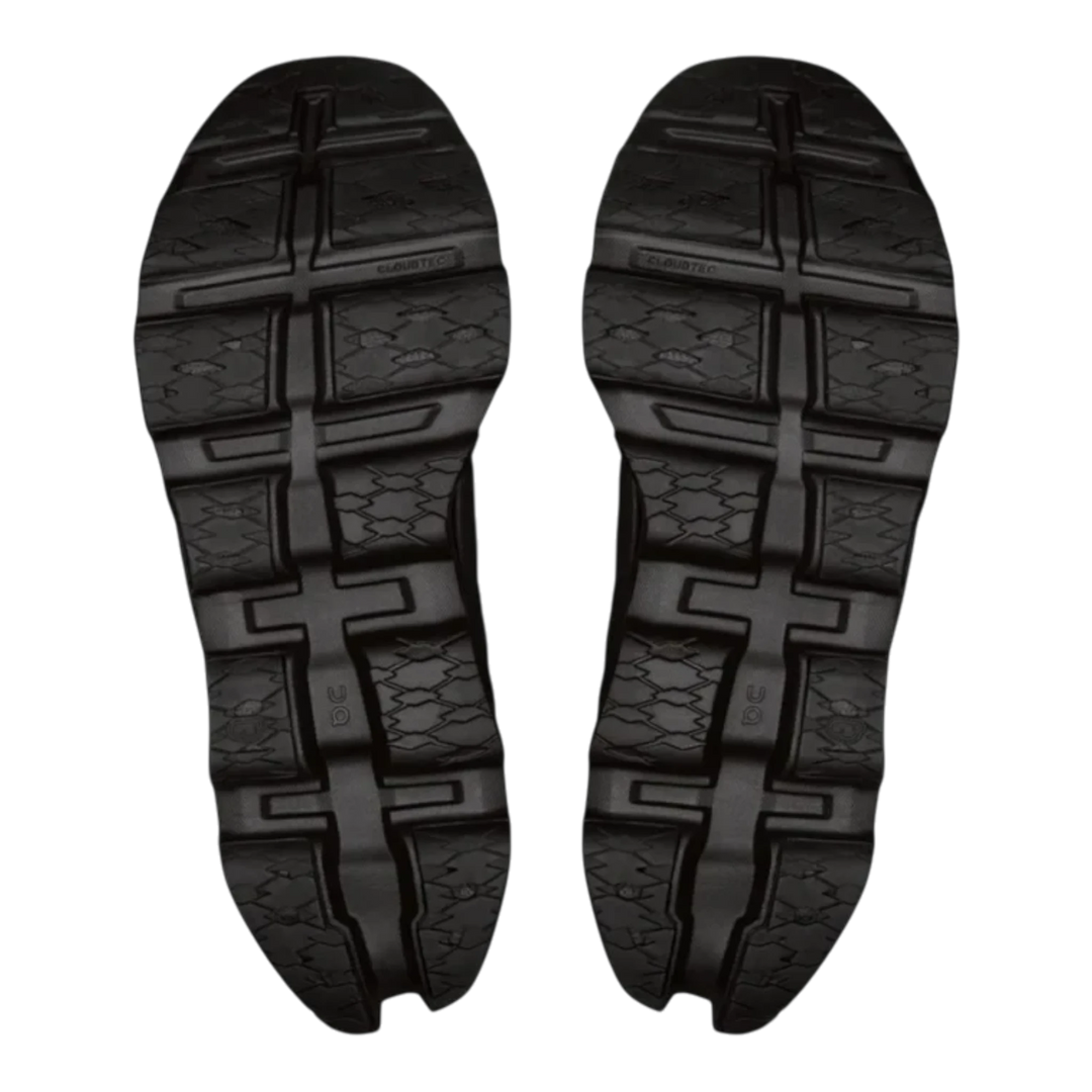 HypeSelection On Cloud Cloudmonster 3 running shoes in all-black, showing the detailed rubber outsole tread pattern.