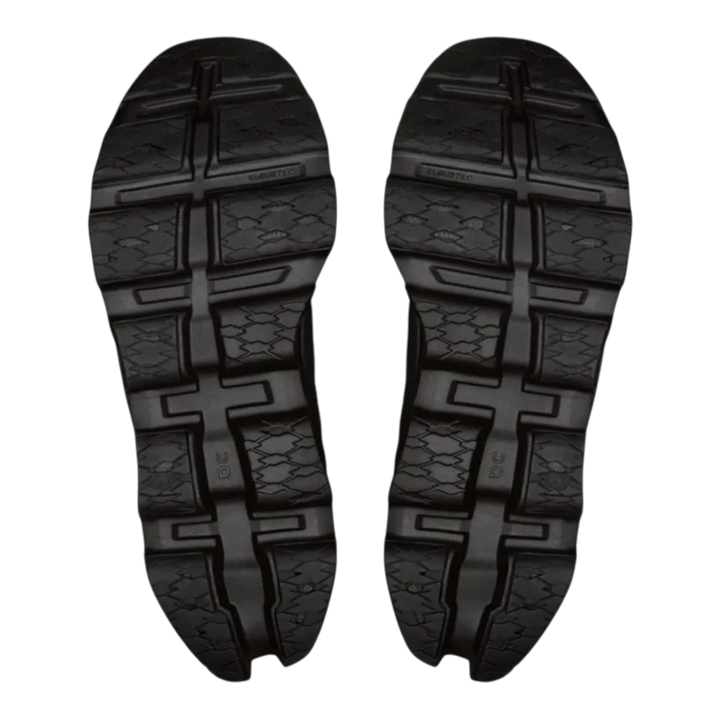 HypeSelection On Cloud Cloudmonster 3 running shoes in all-black, showing the detailed rubber outsole tread pattern.