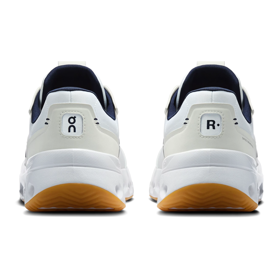 HypeSelection On Cloud THE ROGER Wildcard sneakers in white and midnight blue, rear view showing branding and gum sole.