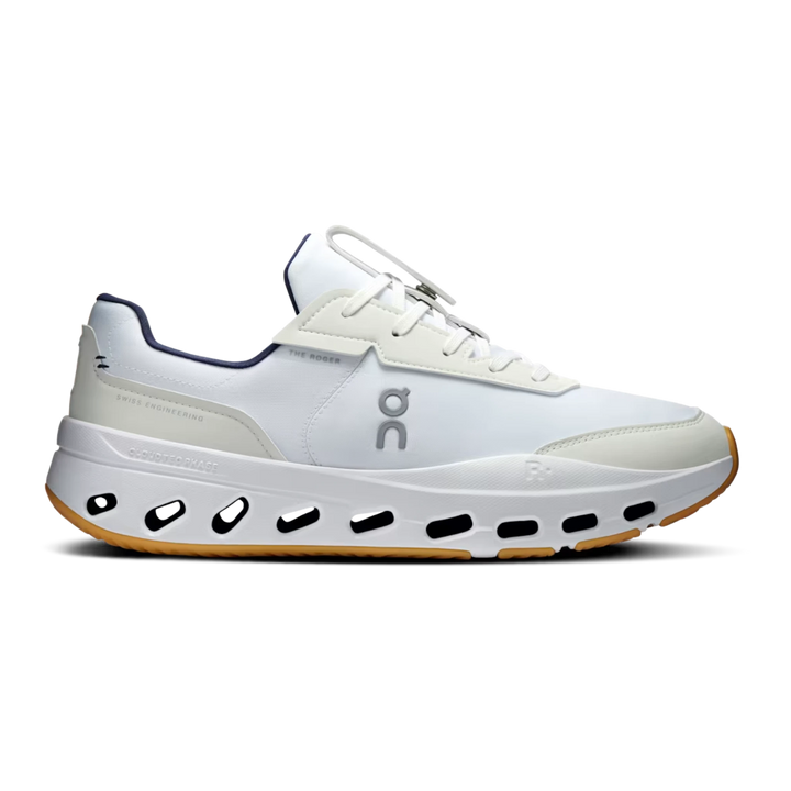 HypeSelection On Cloud THE ROGER Wildcard tennis sneaker in white and midnight blue with CloudTec Phase cushioning.