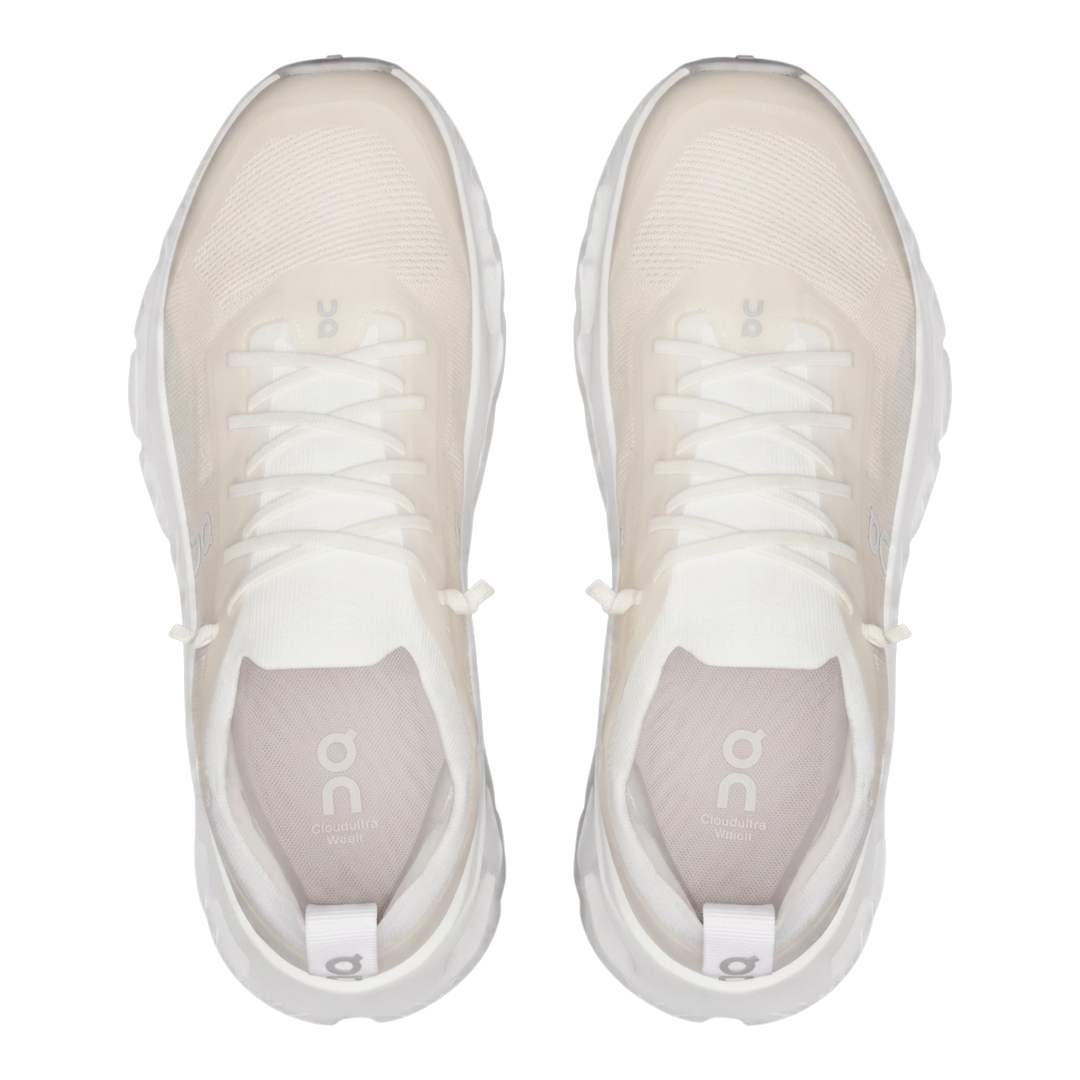 Top view of HypeSelection On Cloudtilt Moon sneakers in white and frost with a breathable knit upper and speed lacing.