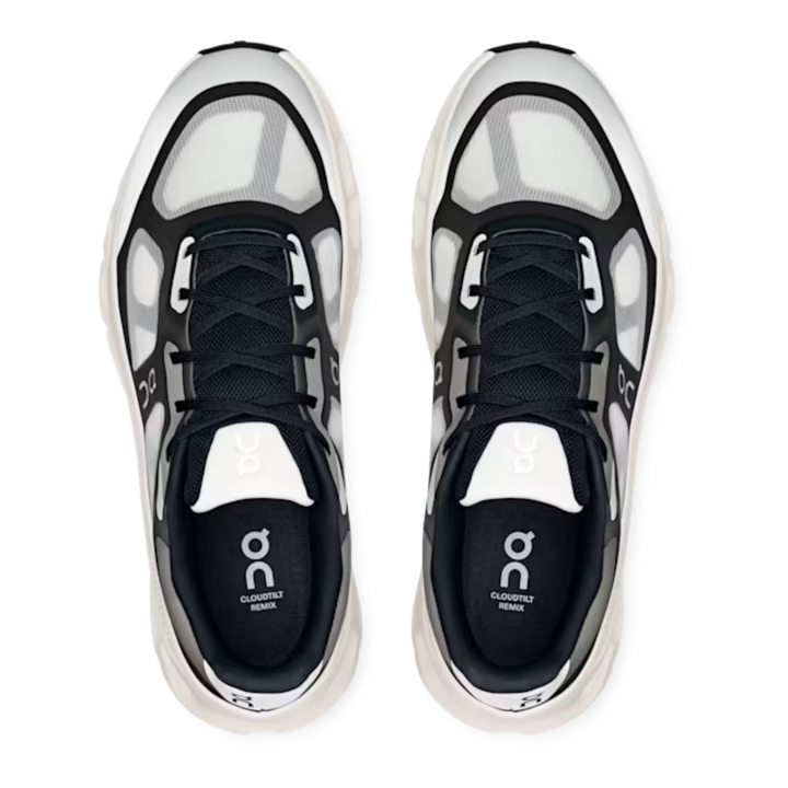 HypeSelection On Cloudtilt Remix sneakers in black and ivory with translucent layered overlays and top-down view.