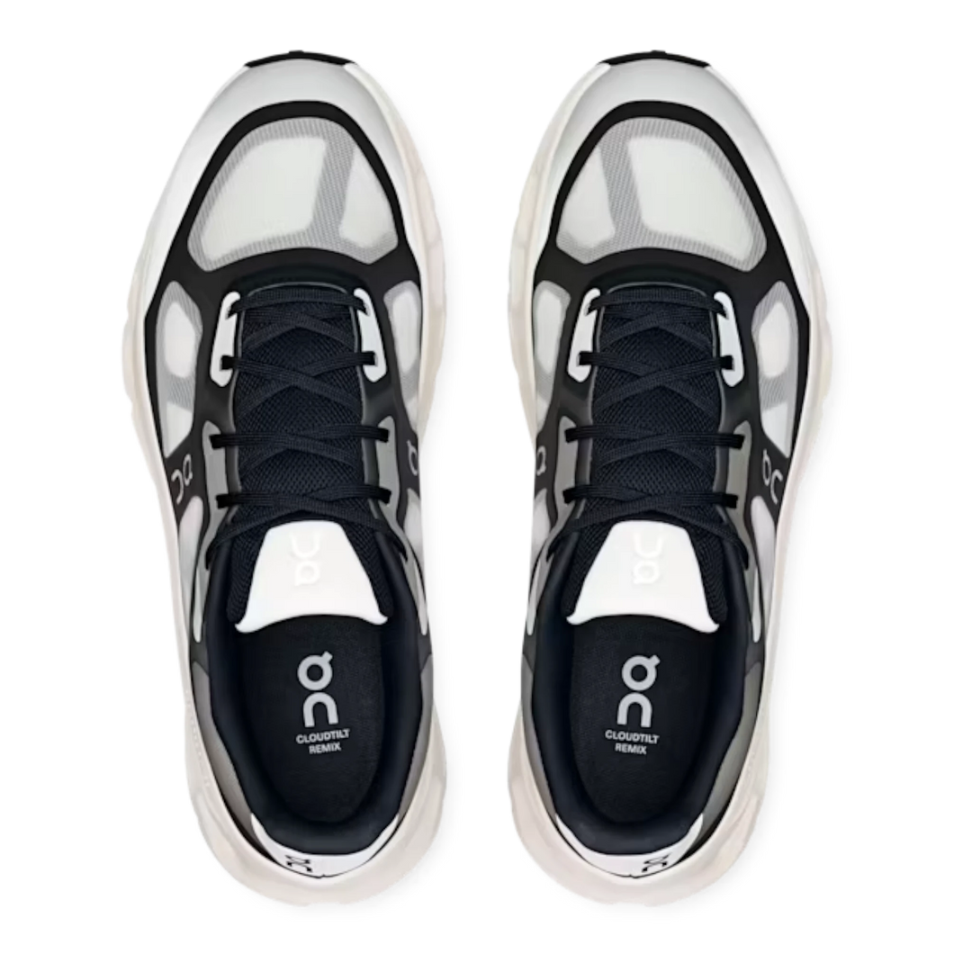 Top view of HypeSelection On Cloudtilt Remix sneakers in black and ivory with layered translucent mesh overlays.
