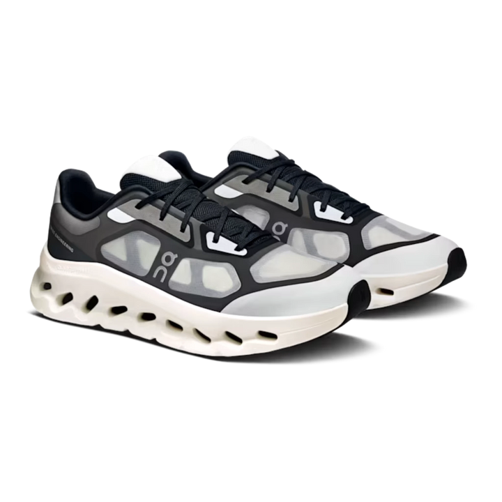HypeSelection On Cloudtilt Remix sneakers in black and ivory with translucent layered overlays and CloudTec cushioning.
