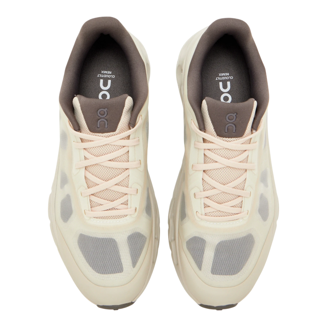 HypeSelection On Cloudtilt Remix sneakers in silver and ivory with layered mesh and a top-down view.