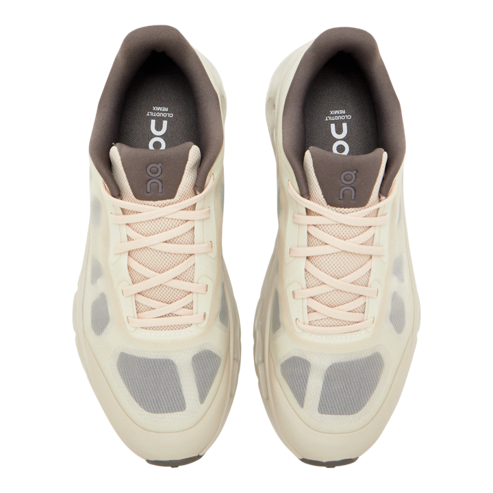 HypeSelection On Cloudtilt Remix sneakers in silver and ivory with layered mesh and a top-down view.