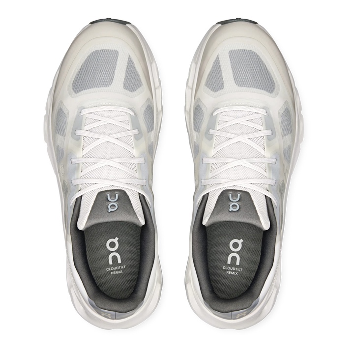 HypeSelection On Cloudtilt Remix sneakers in alloy and ivory with layered translucent overlays and top-down view.