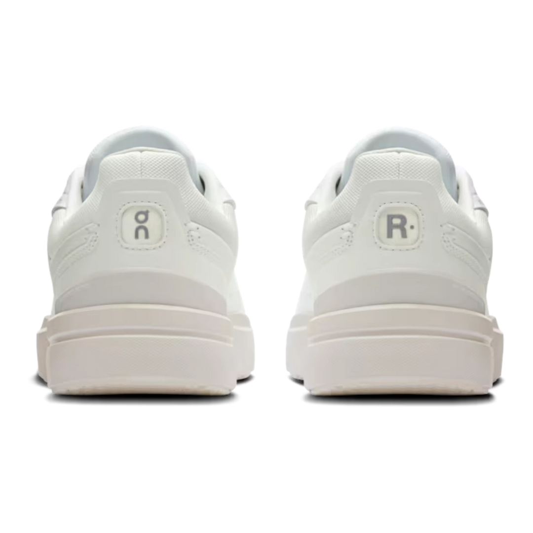 HypeSelection view of the back of white On THE ROGER Advantage sneakers showing branding on the heel counters.