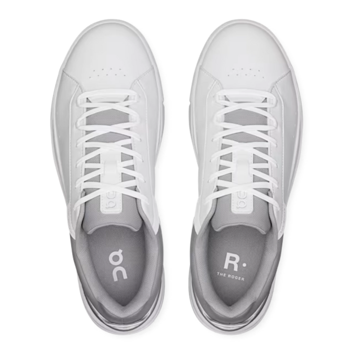HypeSelection top-down view of On THE ROGER Advantage sneakers in white vegan leather with grey Ore accents.