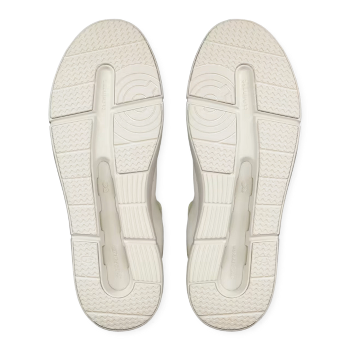 HypeSelection On THE ROGER Advantage white sneakers showing the textured CloudTec rubber outsoles from below.